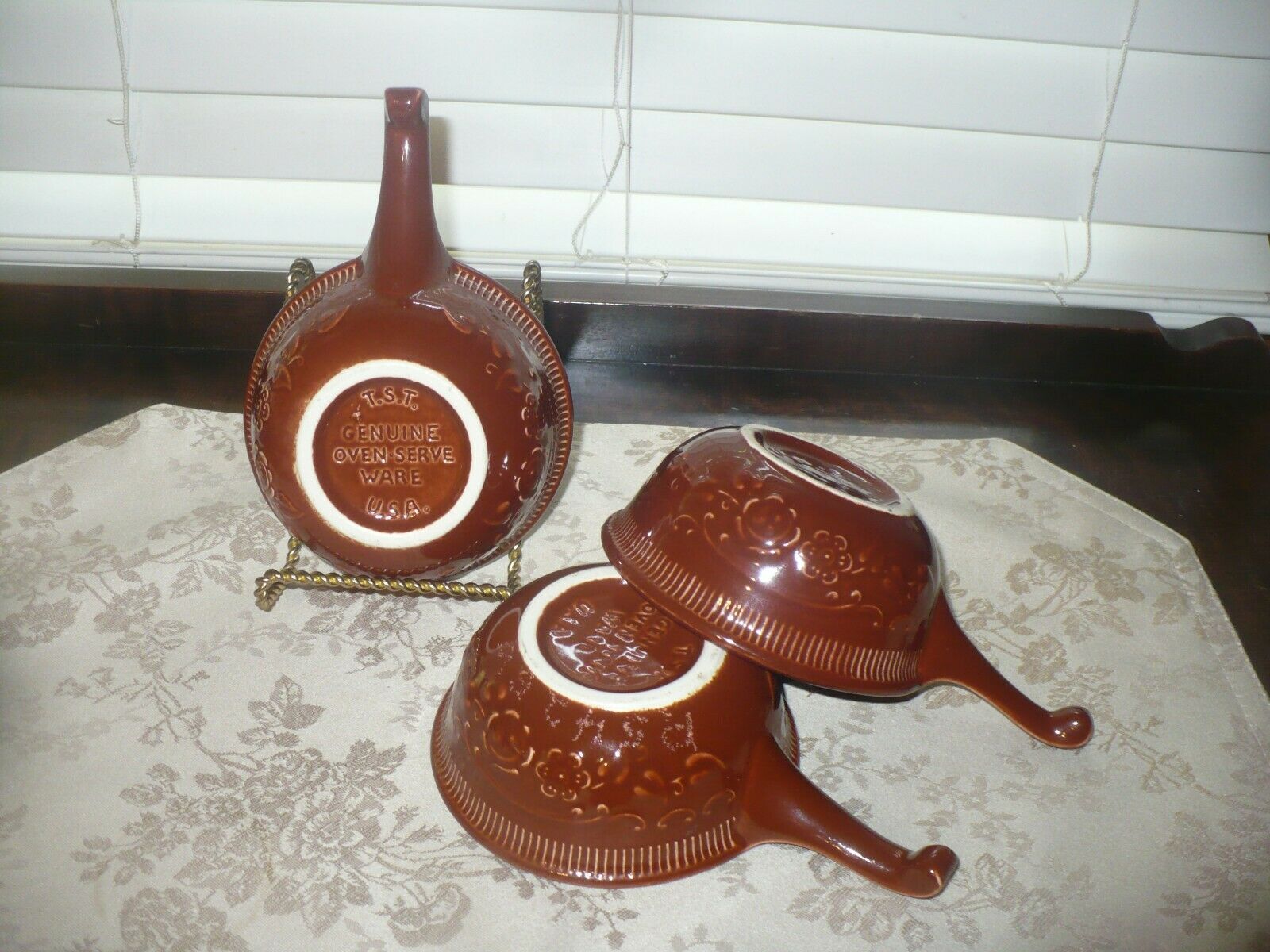 3 Taylor Smith And Taylor Handled Bowls Genuine Oven Serve Ware Brown Usa