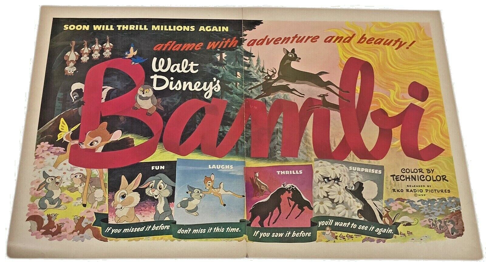Disney Vintage Bambi Full Page Movie Ad Poster 1948 Magazine Paper Ephemera