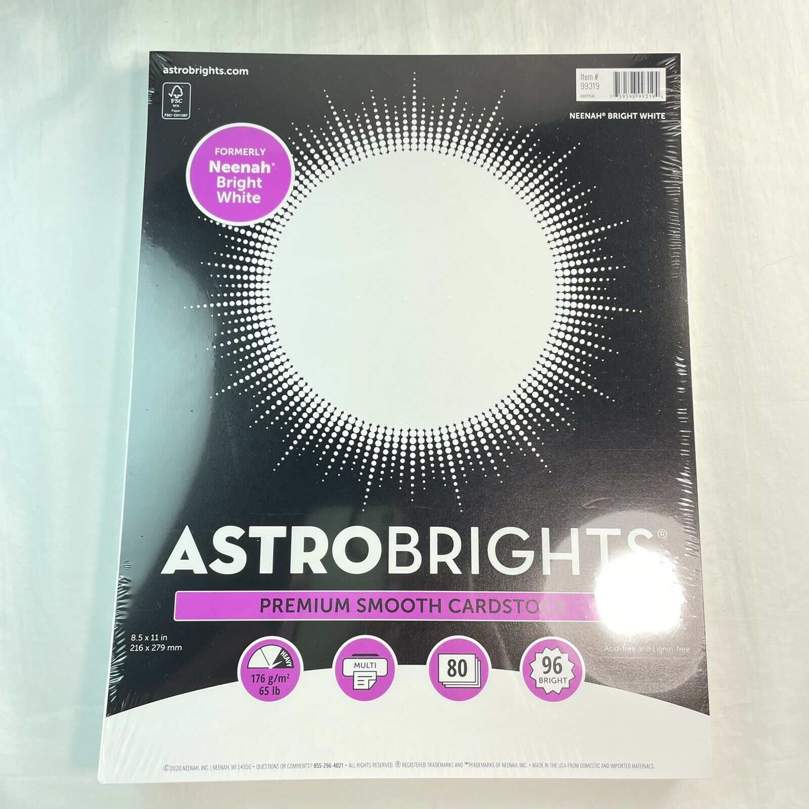 Astrobrights Neenah Bright White Cardstock, 8.5" X 11", 65 Lb 176 Gsm, White, 80