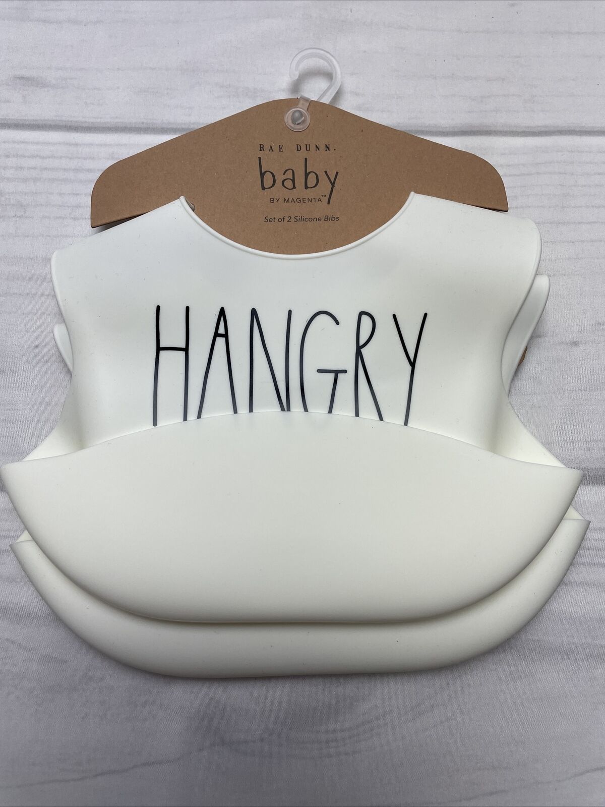 Rae Dunn Baby By Magenta Set Of 2 Silicone Bibs Hangry & Foodie “new”