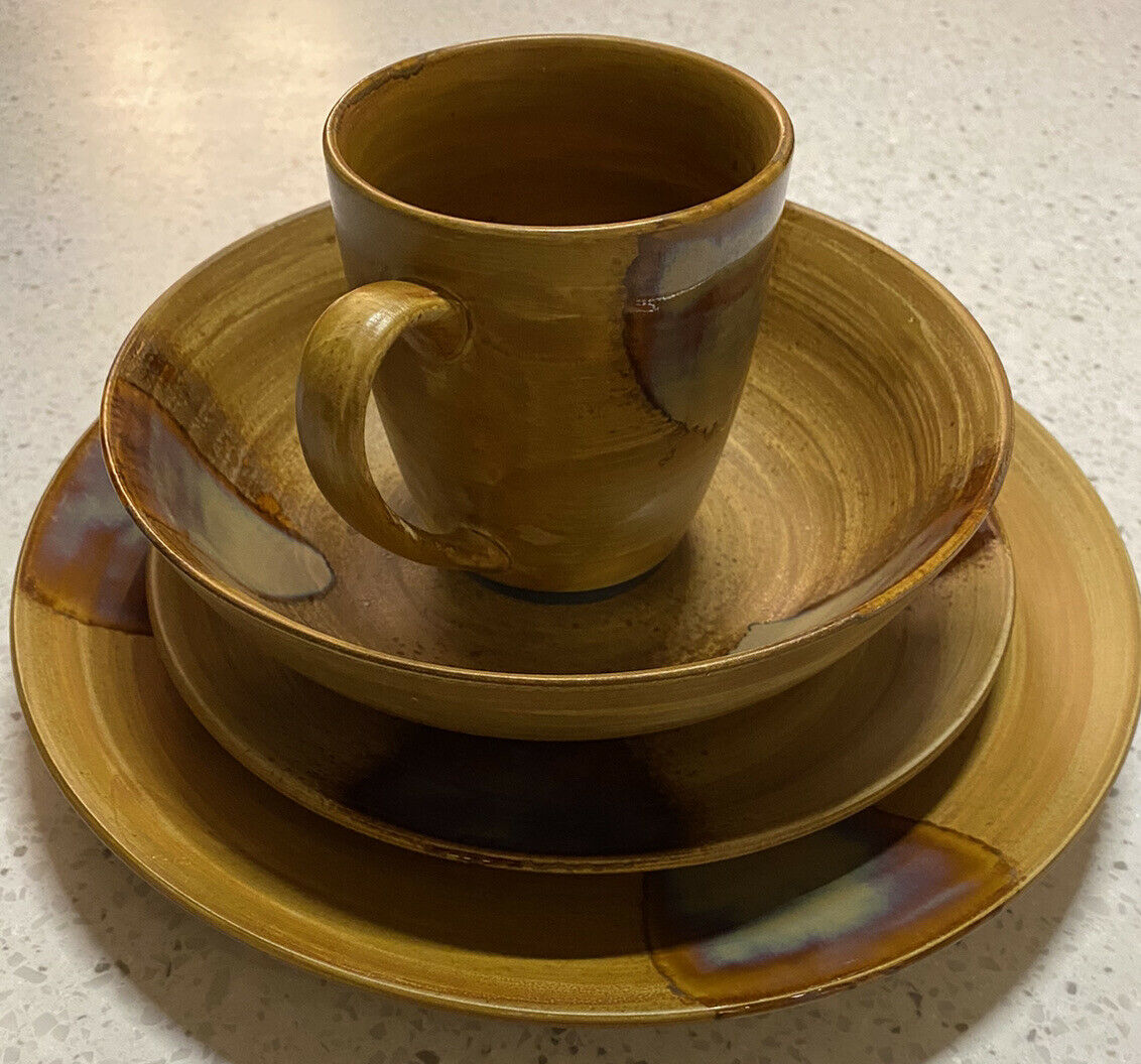 Sango Splash 4951 Brown Drip Glazed 4 Piece Dinnerware Set 2 Plates Mug Bowl