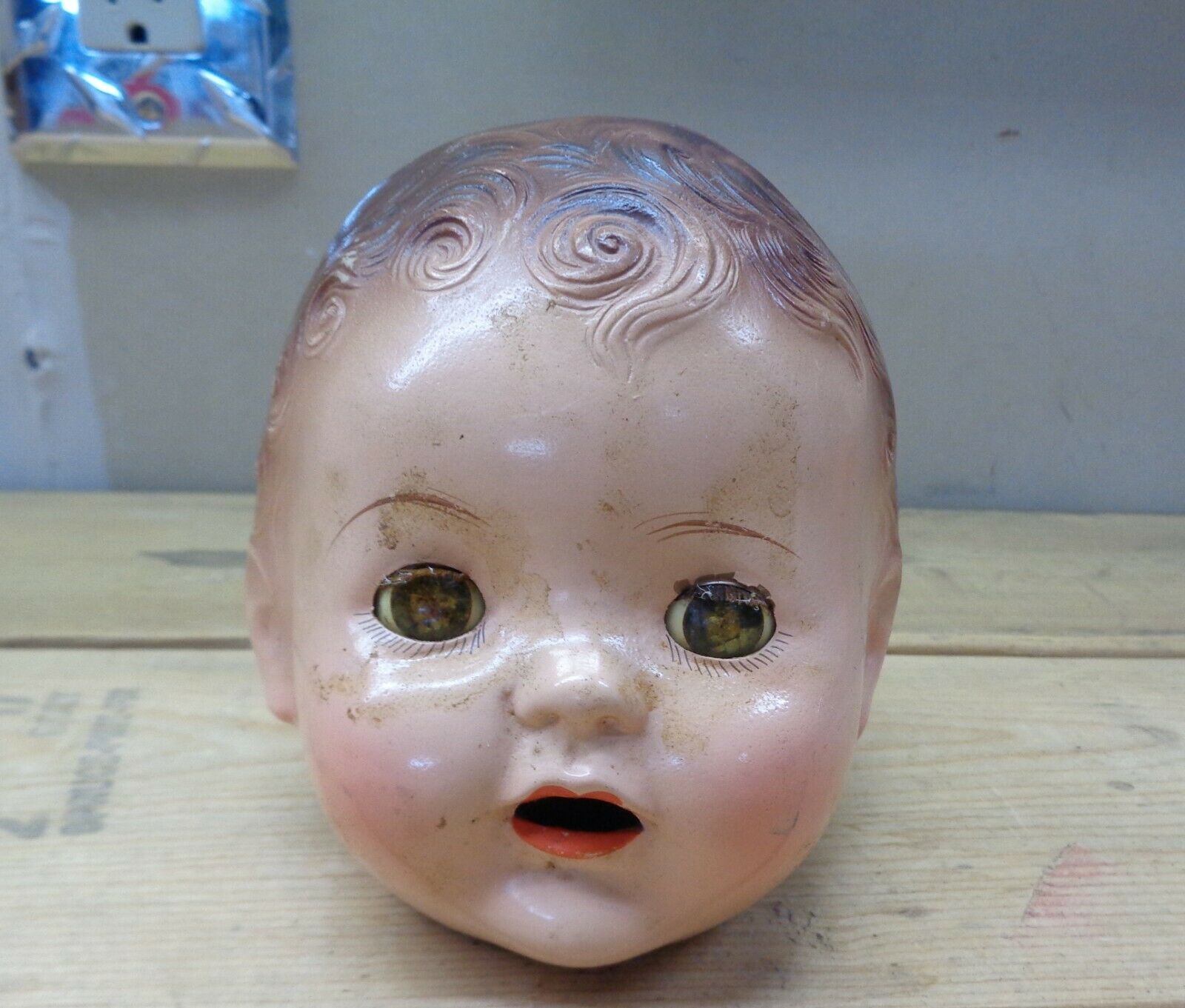 Vintage Creepy Doll Head  Spooky Decor 4 Inches Marked