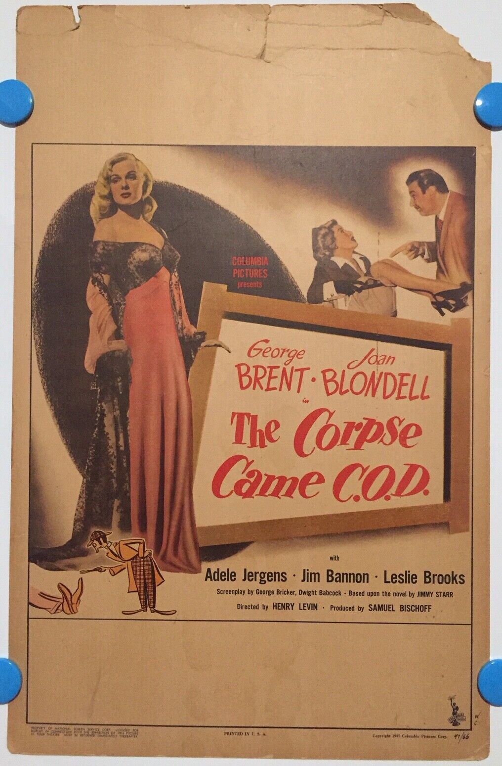 The Corpse Came C.o.d. - Beautiful 1947 Window Card - Dead Body Crime Comedy!!