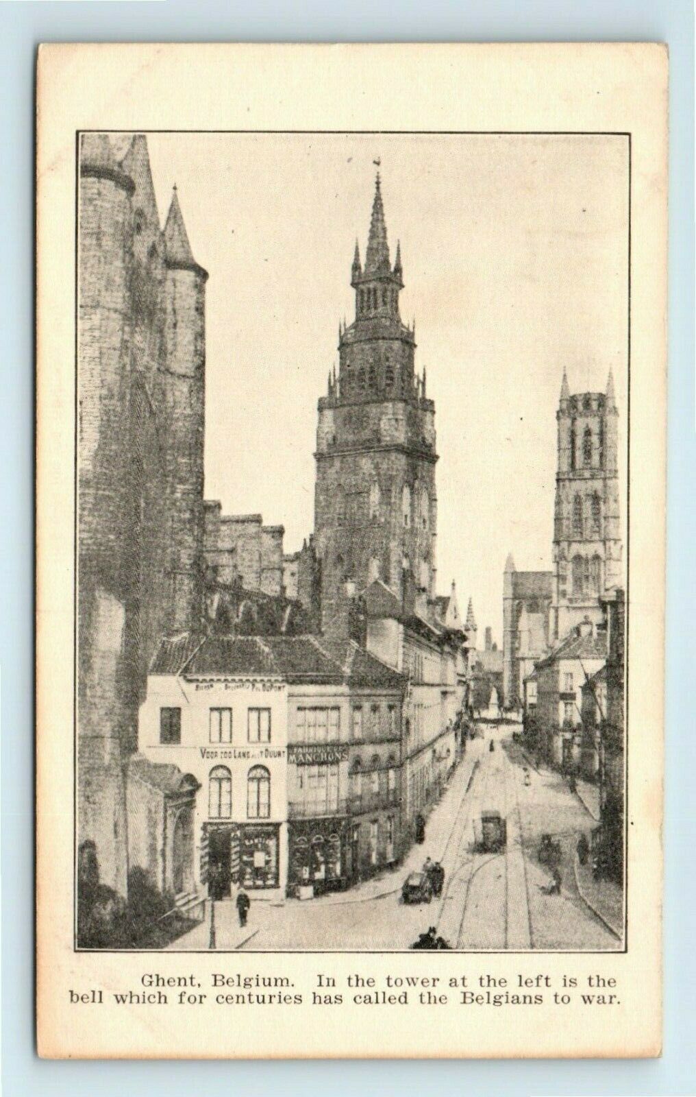 Belgium Ghent Postcard -  Bell Tower Early Street Scene