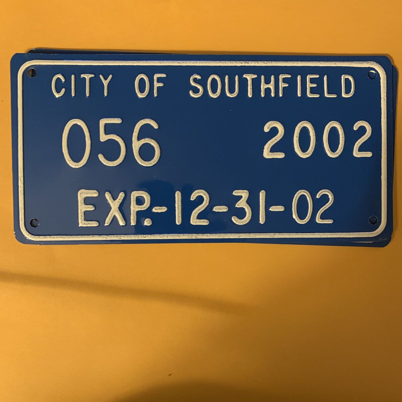 2002- City Of Southfield Michigan: # 056. License Plate.