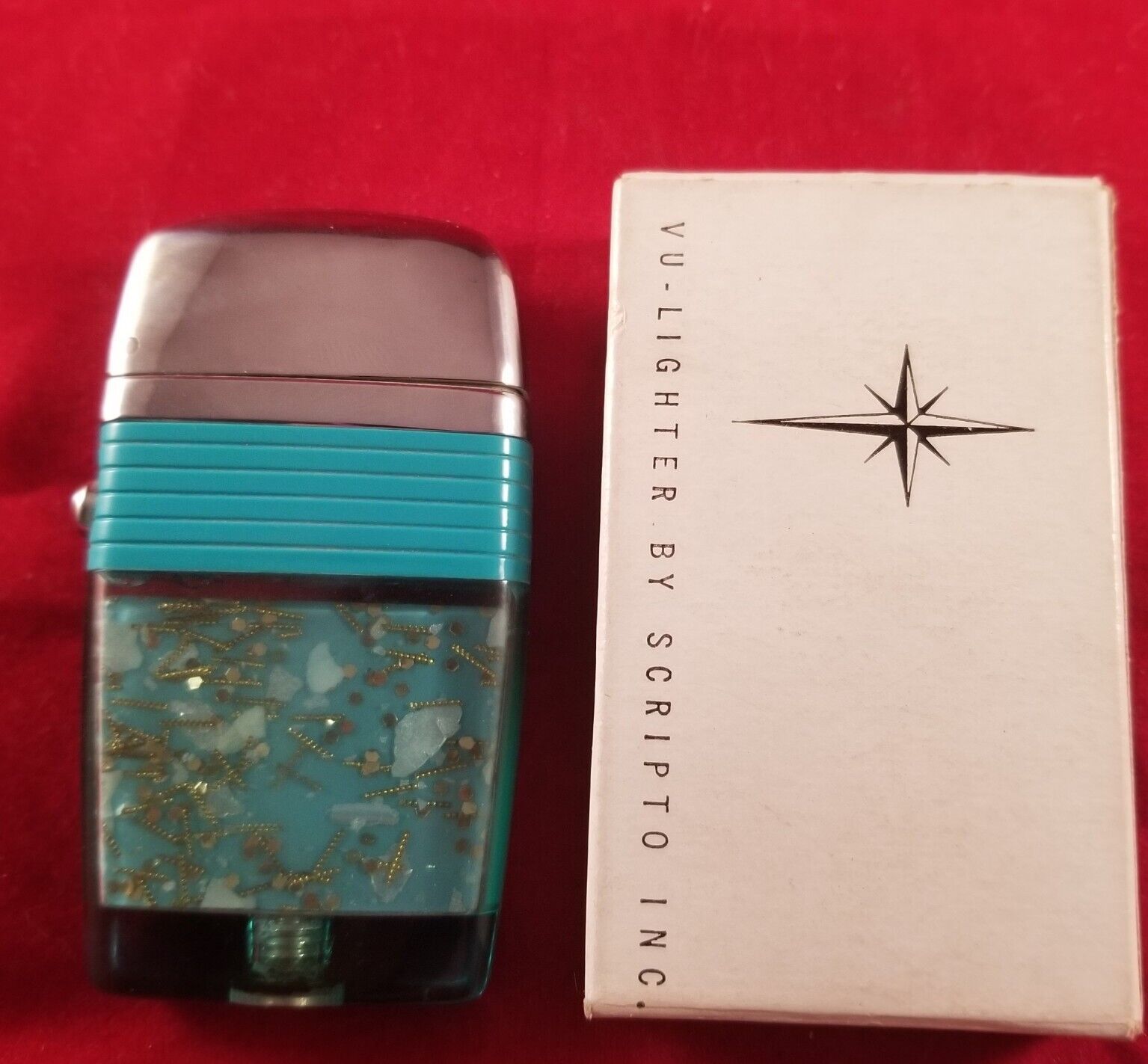 Rare! Vintage Never Used Scripto Vu-lighter Turquoise Band Beautiful Design Nos