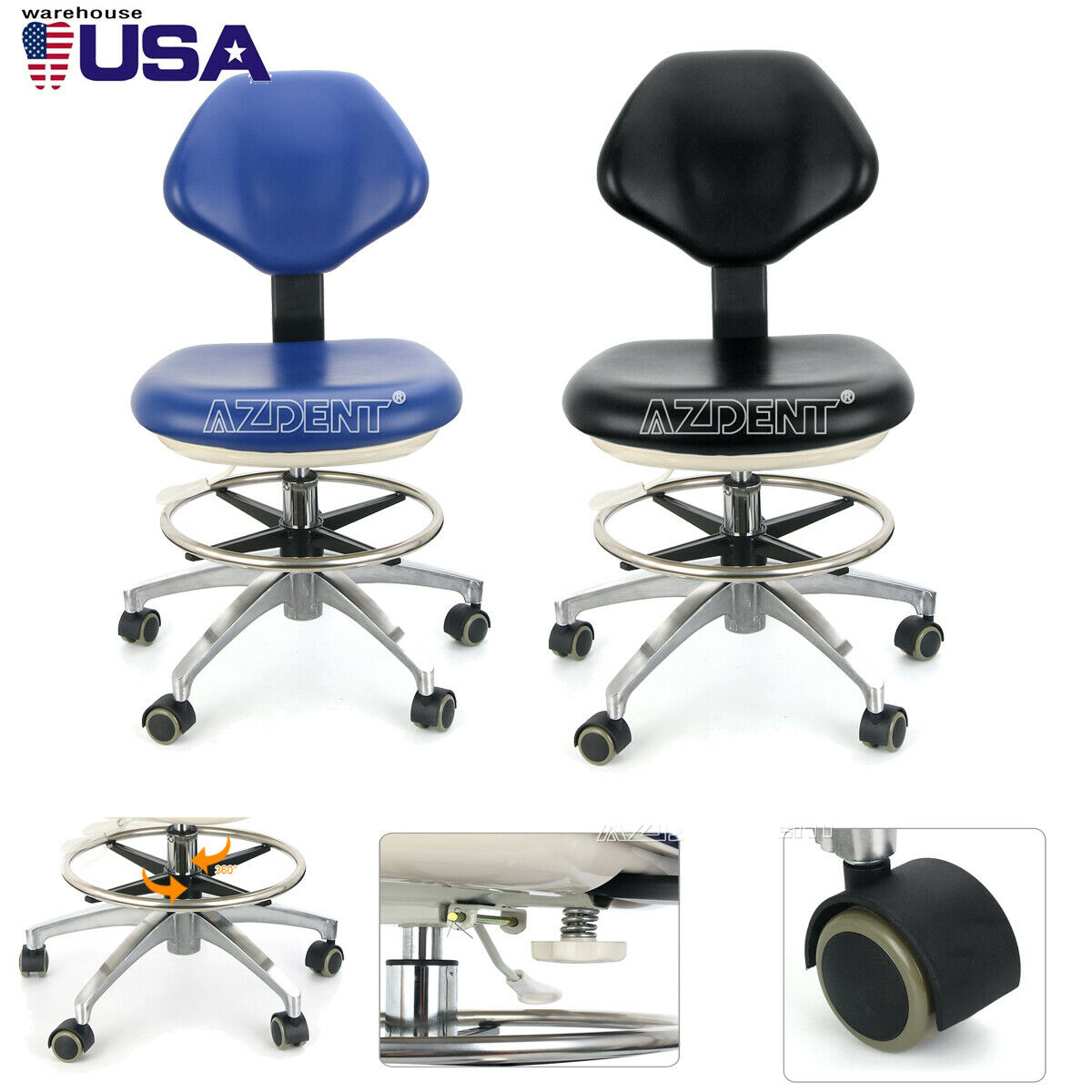Dental Dentist Stool Height Adjustable Mobile Hydraulic Rolling Chair Pu