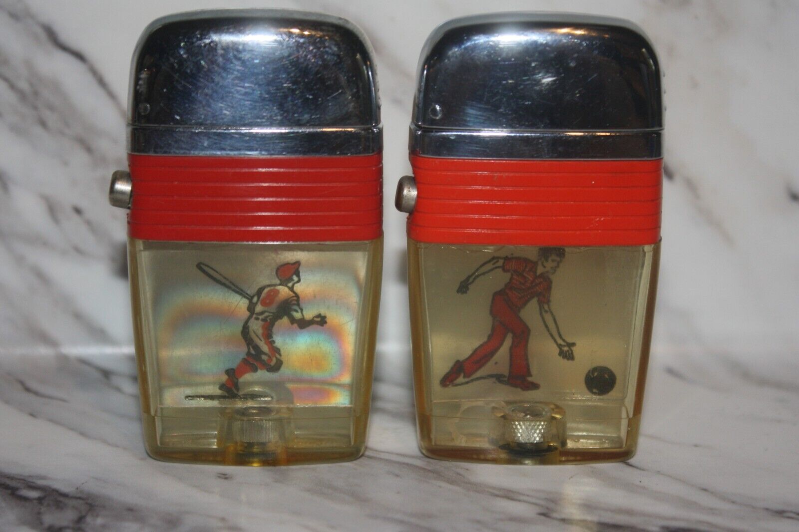 2 Vintage Scripto Sports Vu Lighters ~ Bowling & Baseball