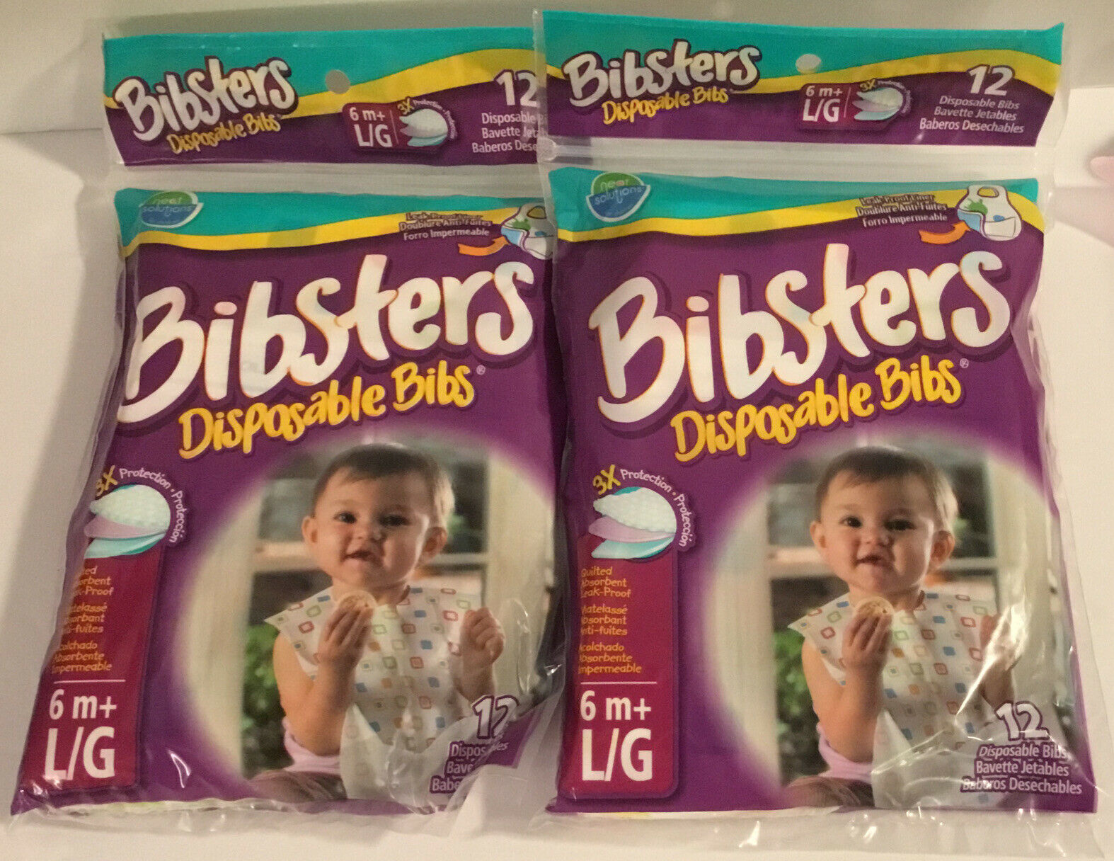 Two Bibsters Disposable Bibs (12 Per Bag) Size 6m+ L/g Quilted Absorbent Leak-pr