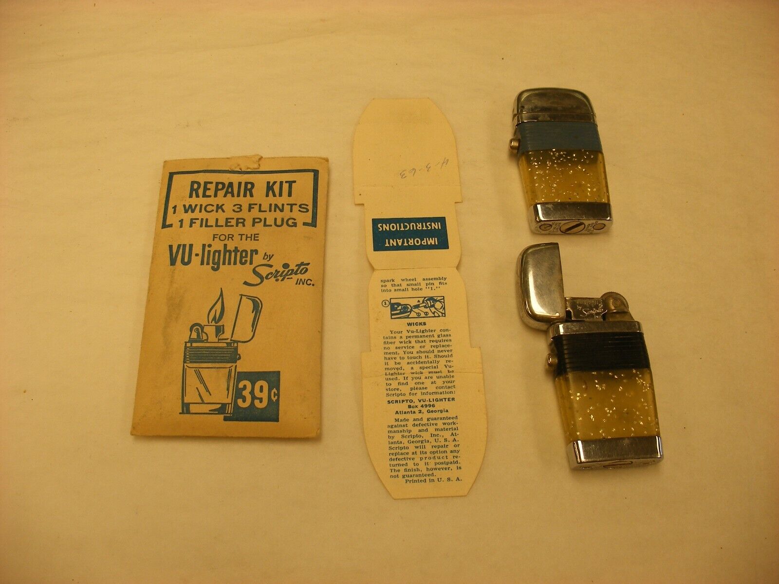 Vintage Vu-lighter By Scripto Lighter Lot Of 2 & Repair Kit - Untested