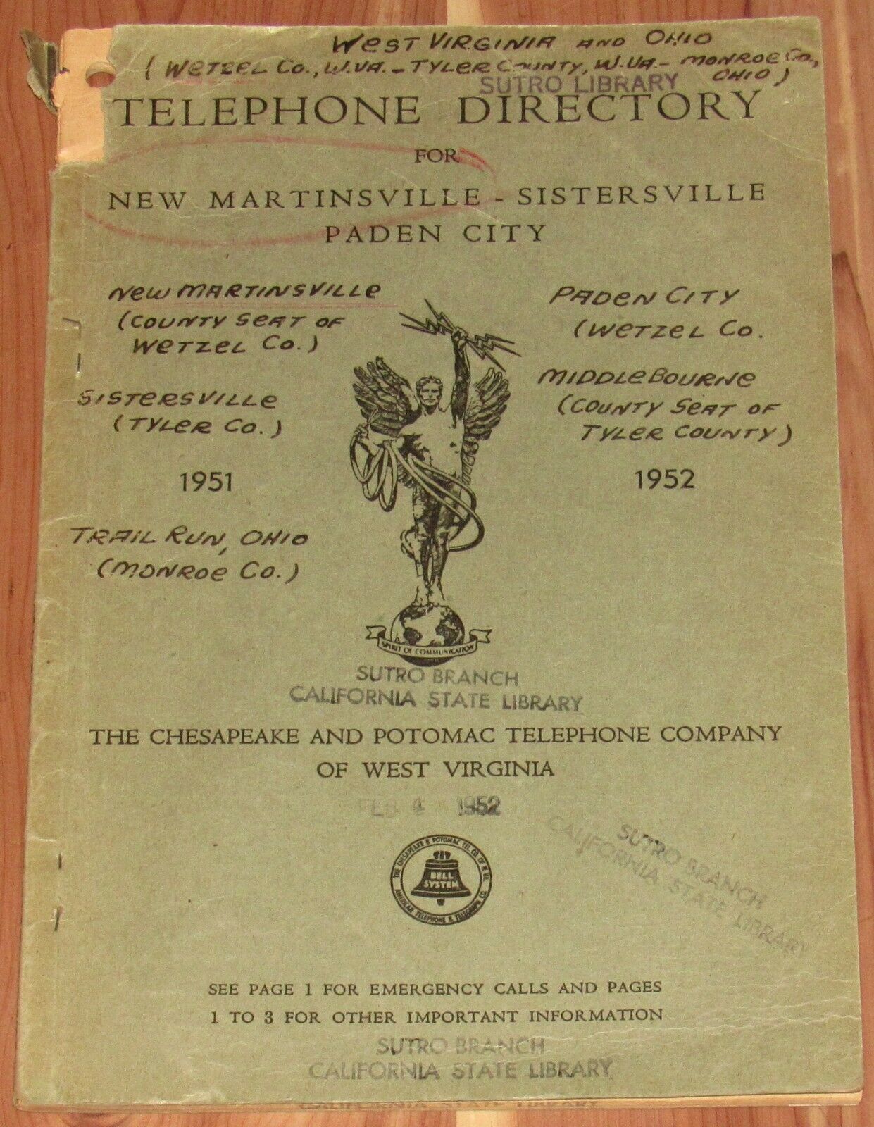 1951-1952 West Virginia/ohio Telephone Directory, New Martinsville, Sistersville