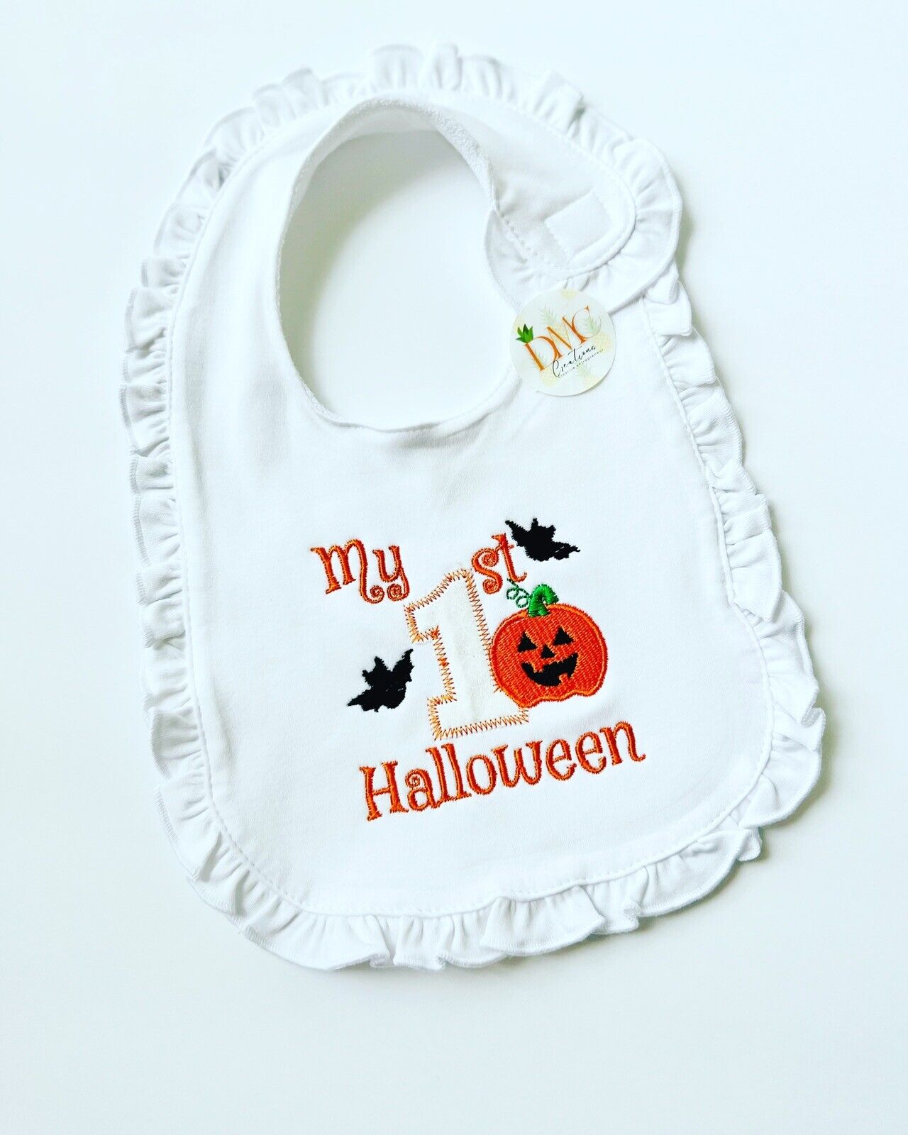 Baby's My First Halloween White Ruffle Bib Embroidery Detail