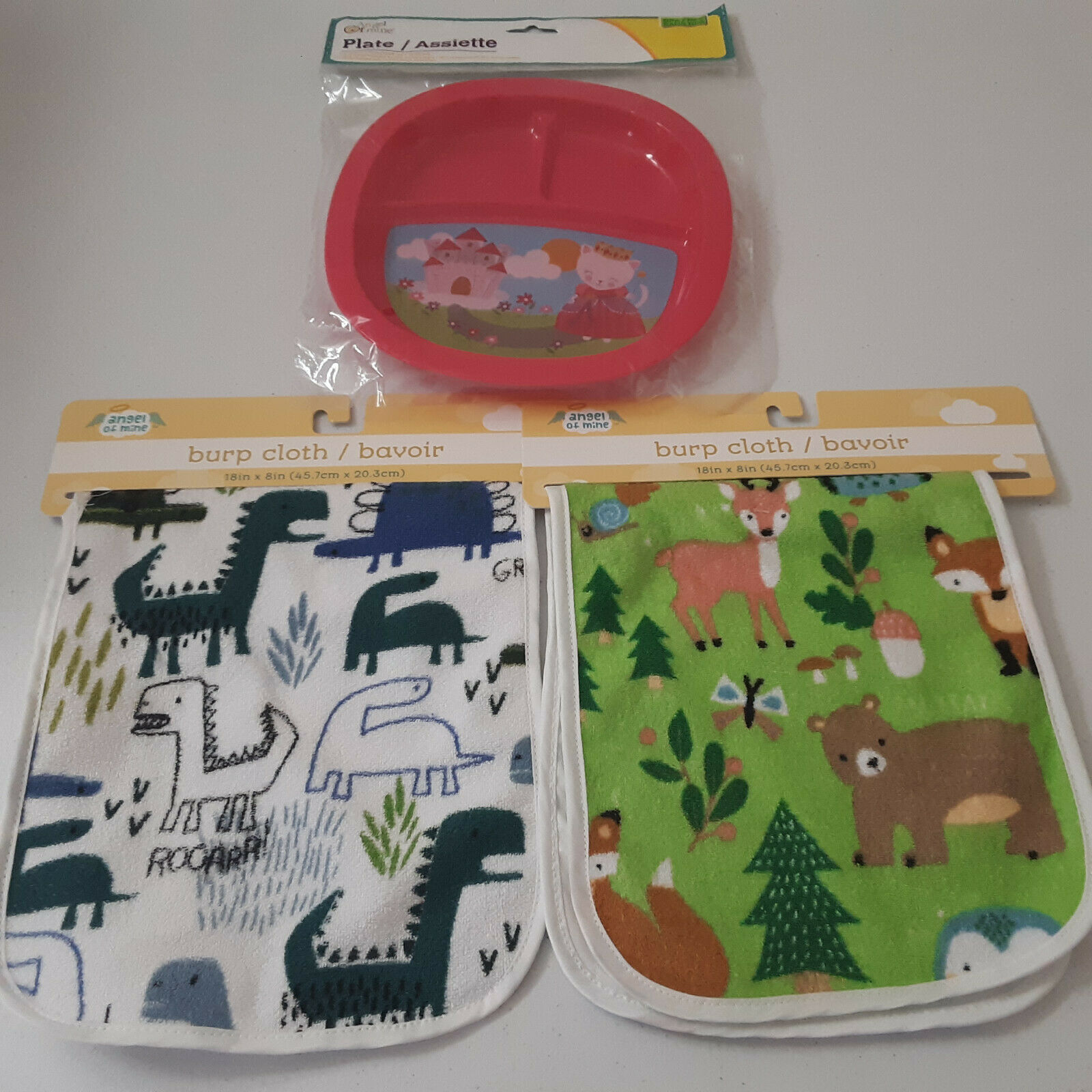 2 Burp Cloths Dinosaur Woodland Animals & Pink Princess Plate Baby Shower Gifts