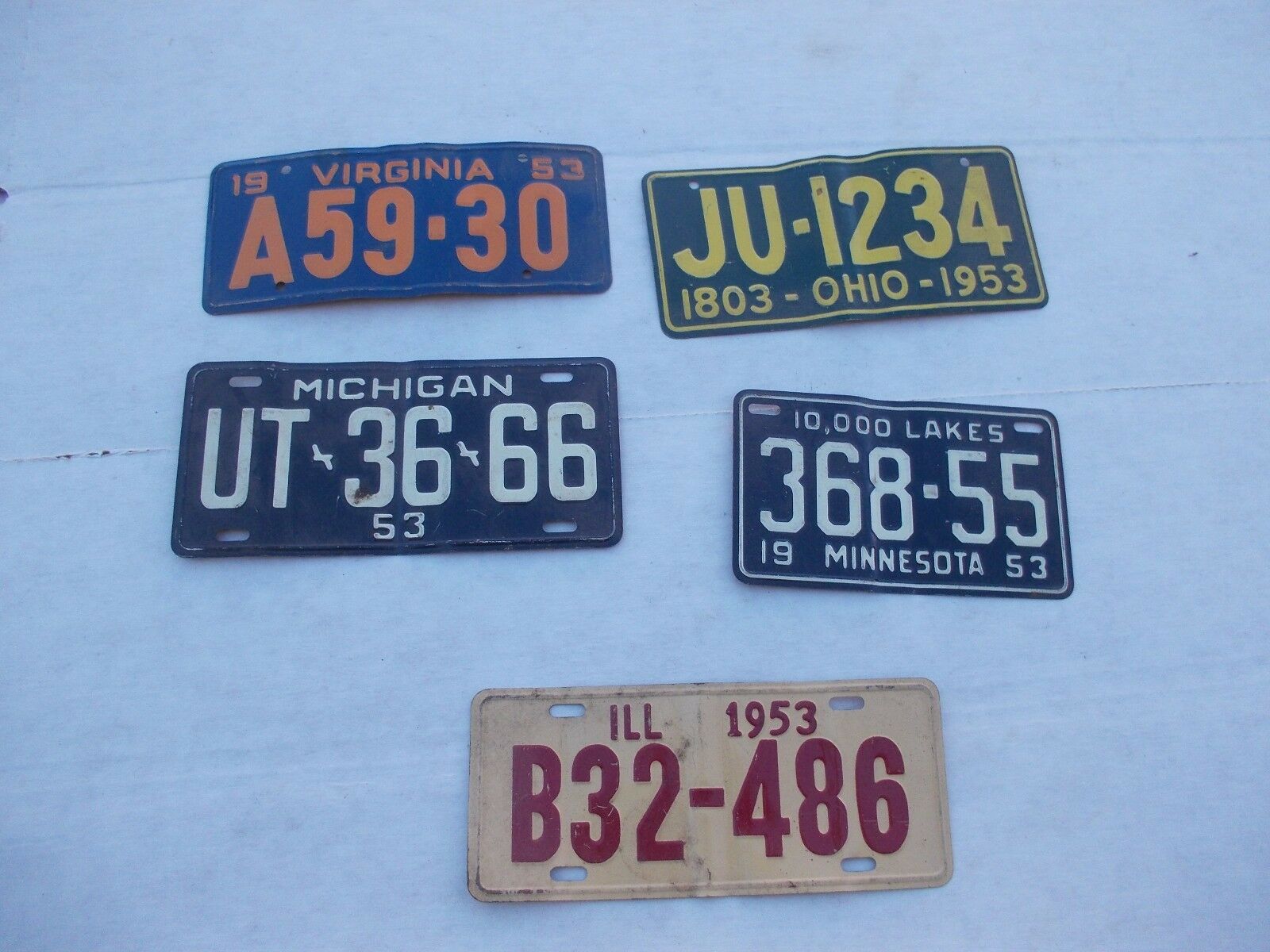 Vintage 1953 Post Cereal State License Bicycle Motorcycle Plates Oh Mi Mn Va Ill