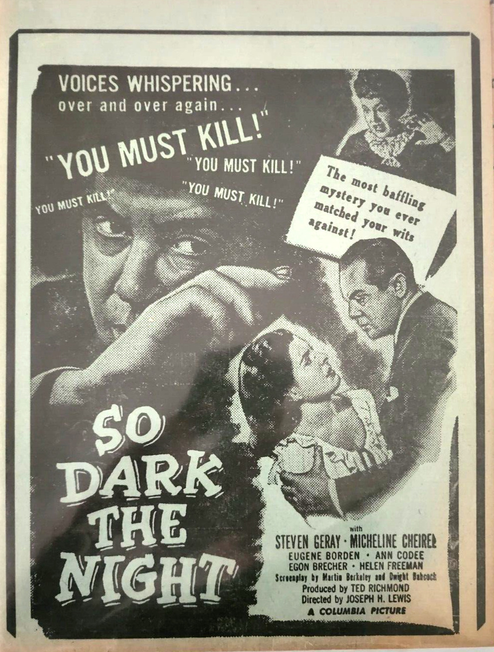 Original Handbill From 1940's So Dark The Night A Columbia Motion Picture