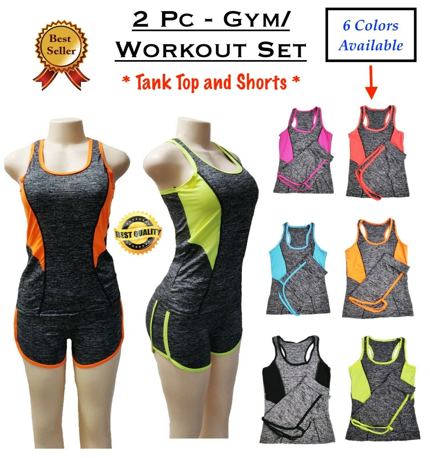 Women's 2 Piece Tank Top + Shorts Stretch Workout Yoga Gym Running Athletic  Set