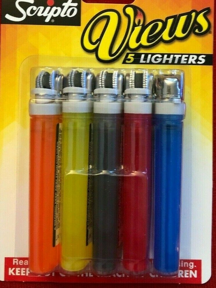 New Calico Scripto Adjustable Flame Views Visible Fuel Clear Lighters 5 Pack