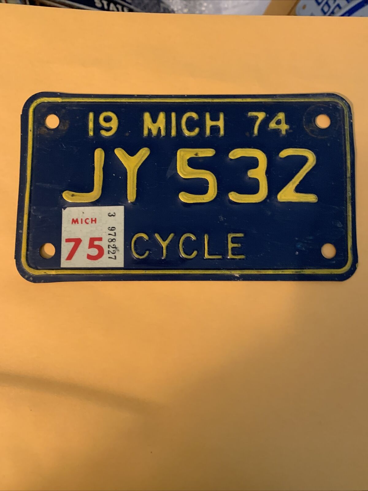 1974- Michigan Motorcycle Plate.# Jy 532.  Tab 75. Used Clean . .
